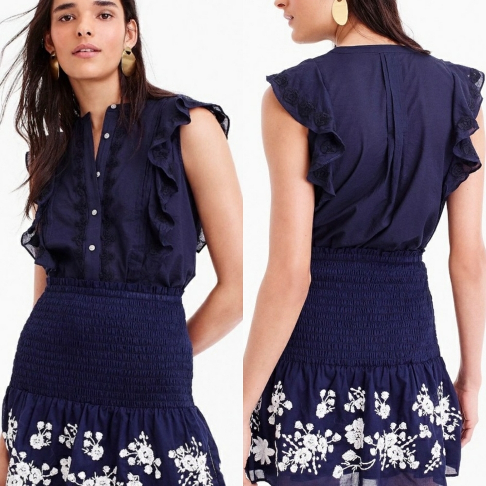 NWT J. Crew Blue Embroidered No Collar Sleeveless Ruffle Top Size 0 - Picture 1 of 10